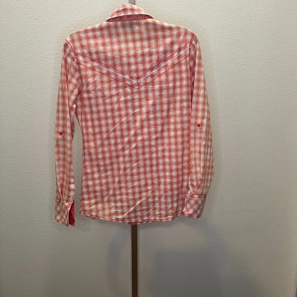 Cowgirl Up Distressed Bleached Plaid Snap Down Shirt Salmon size Small - Picture 7 of 7